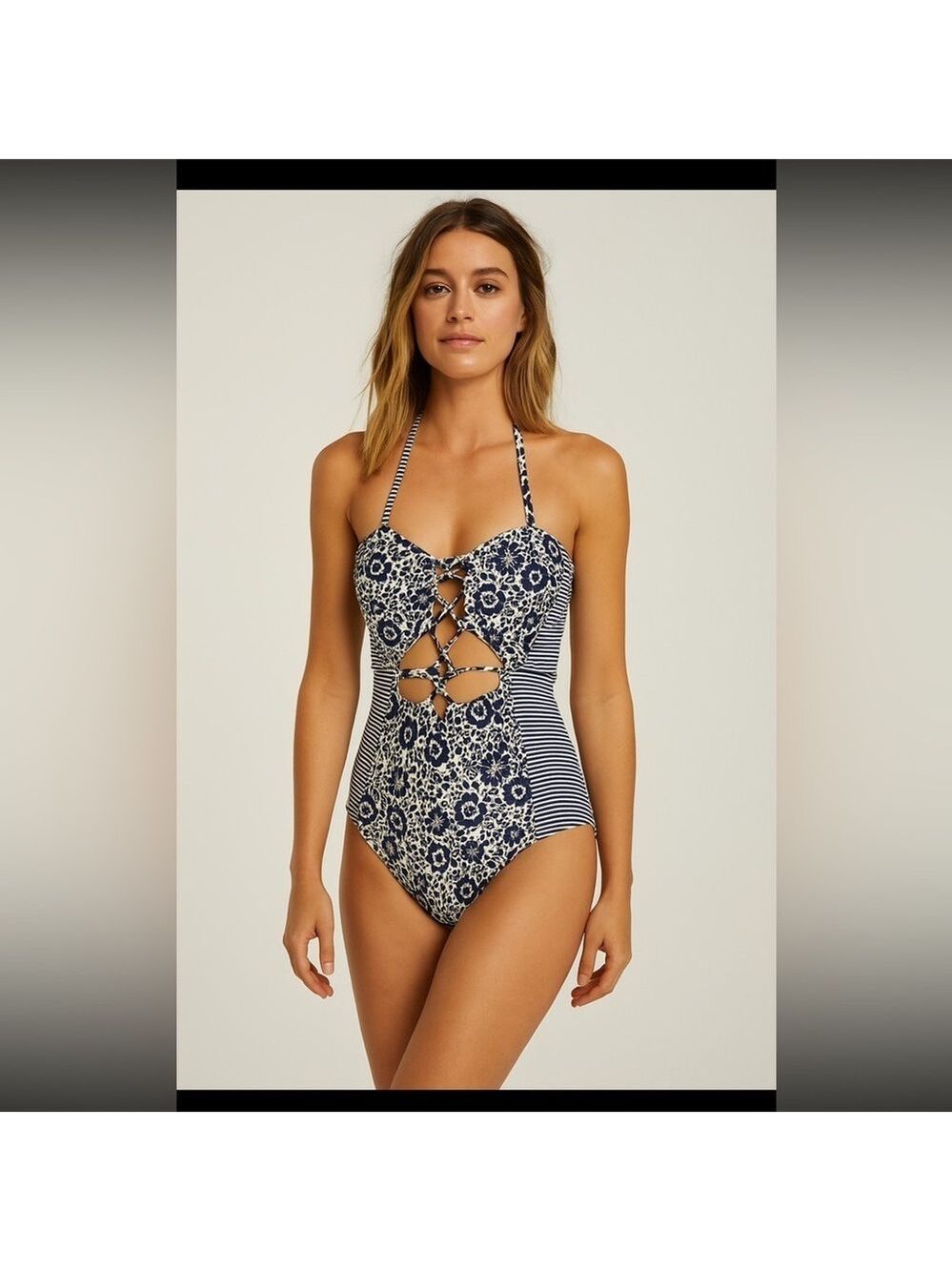 Von Maur One-Piece Swimsuit Navy White Floral Stripe Print Size M